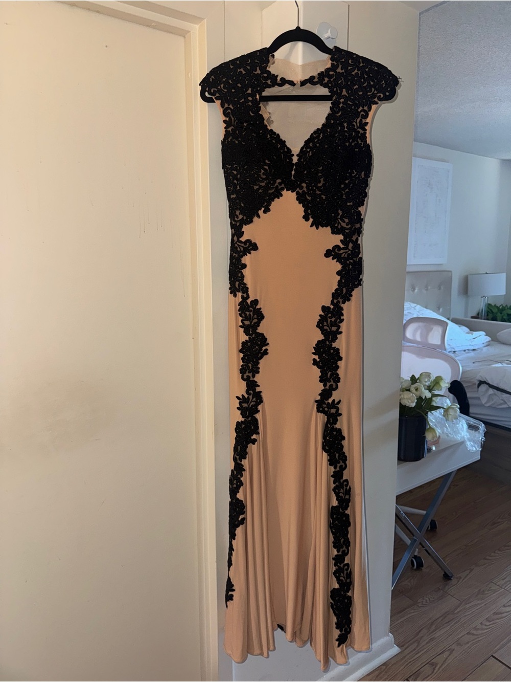 Betsy & Adam Black Lace Appliqué Nude Maxi Gown